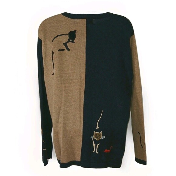 Cat Lover Knit Cardigan & Scarf Set Applique Embroidery | Black Tan | Size M... - Picture 6 of 16